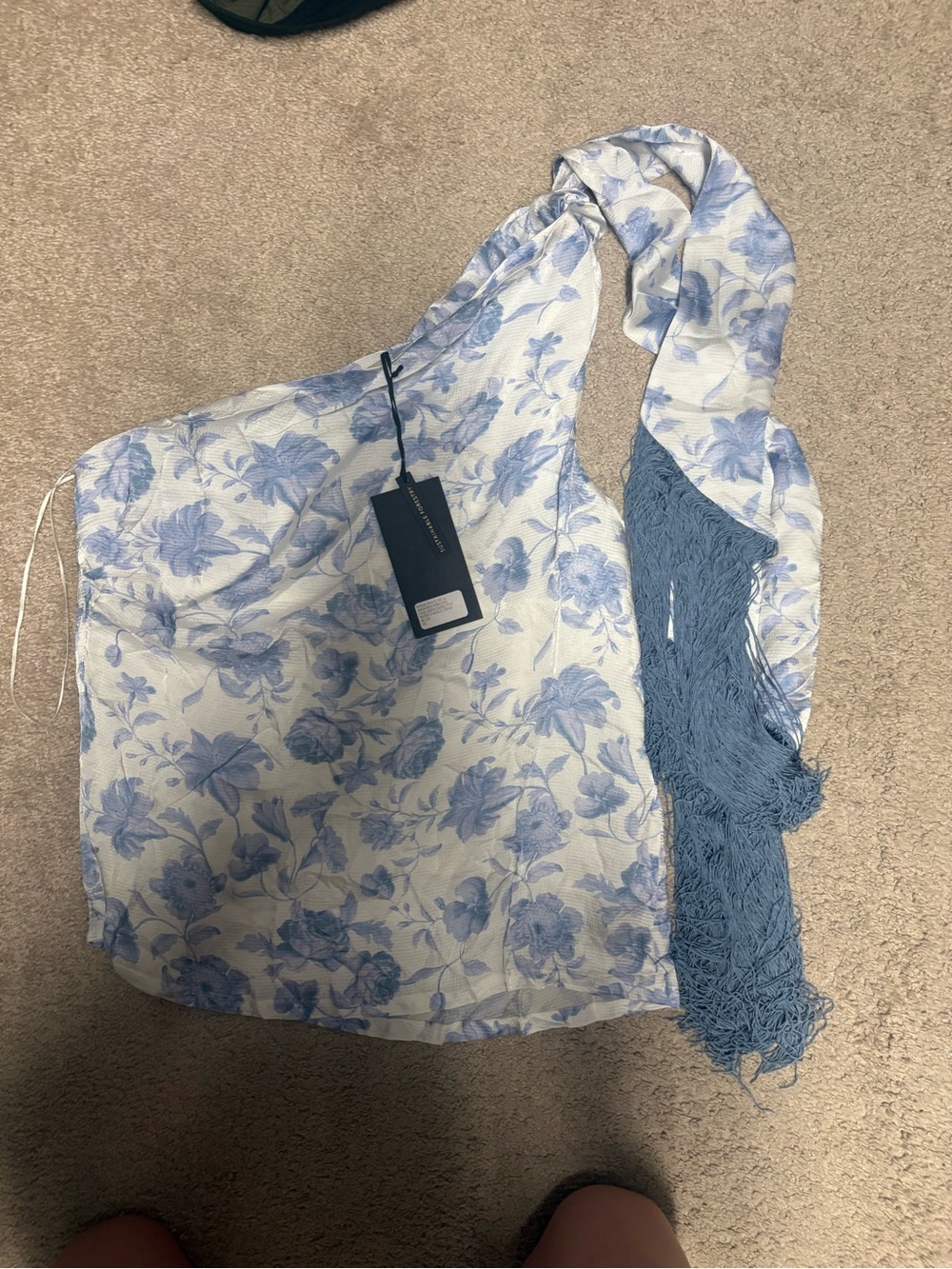 Mother of Pearl Blue Floral One-Shoulder Top with Fringe